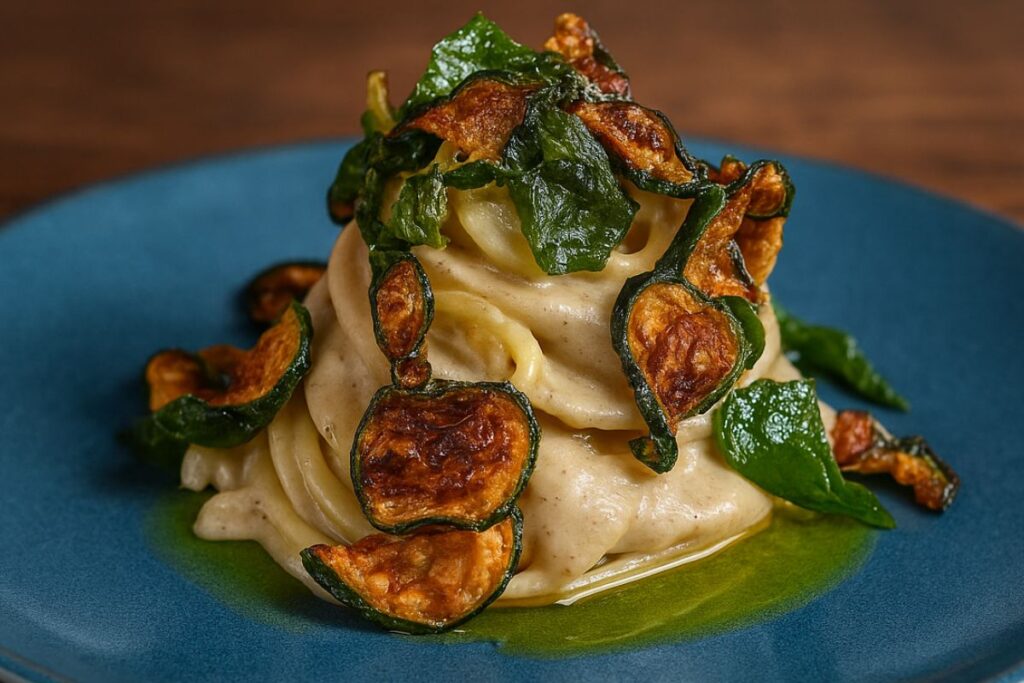 spaghetti con crema di pecorino e zucchine