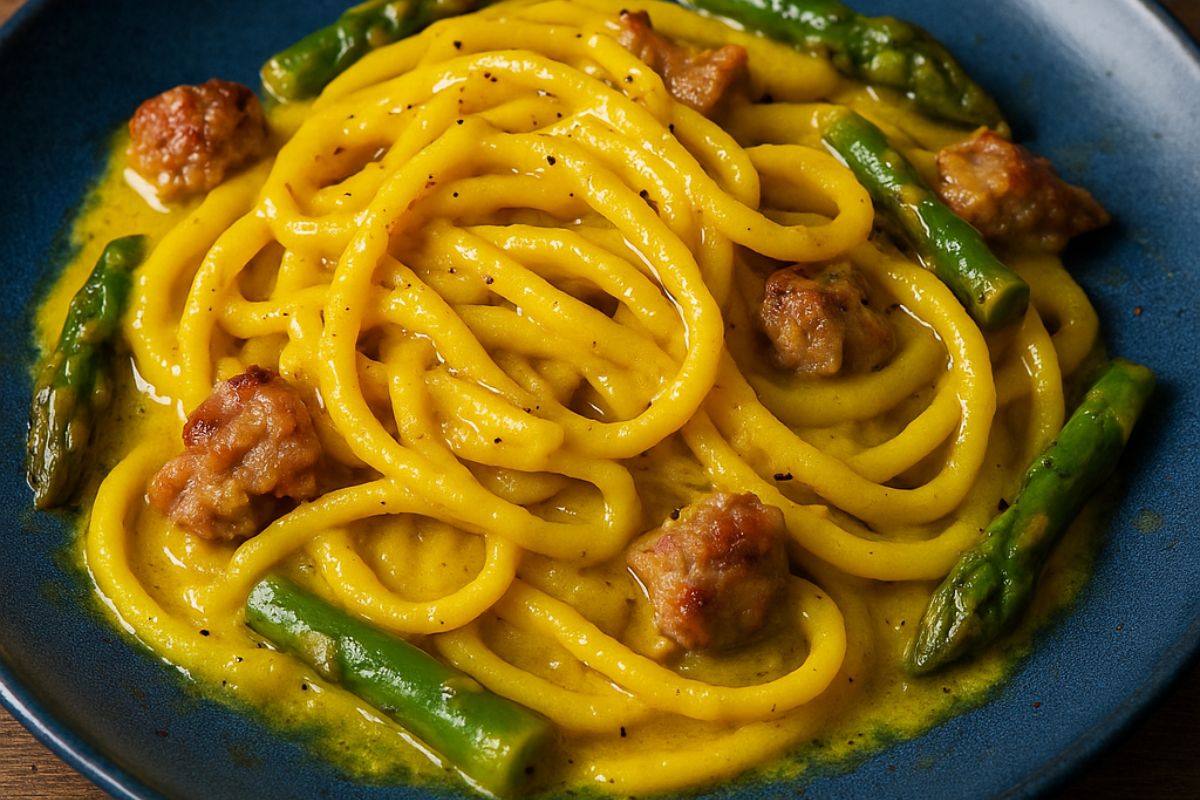 spaghetti con zafferano e salsiccia