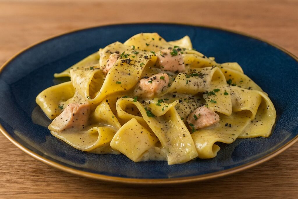 pappardelle al sugo di salmone e polvere di olive