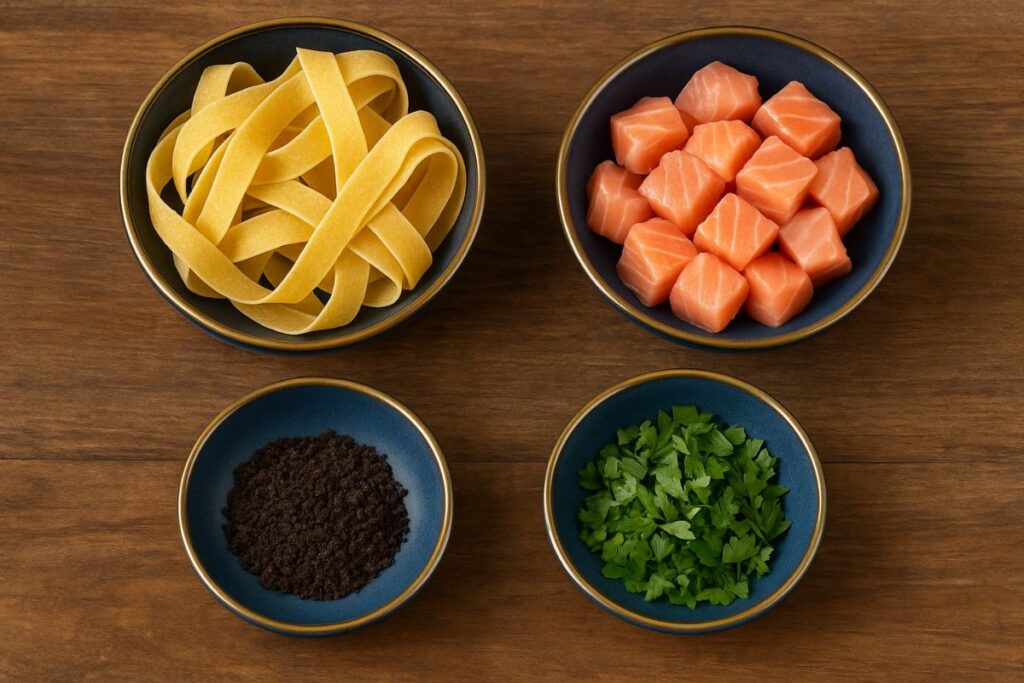 pappardelle al sugo di salmone e polvere di olive ingredienti