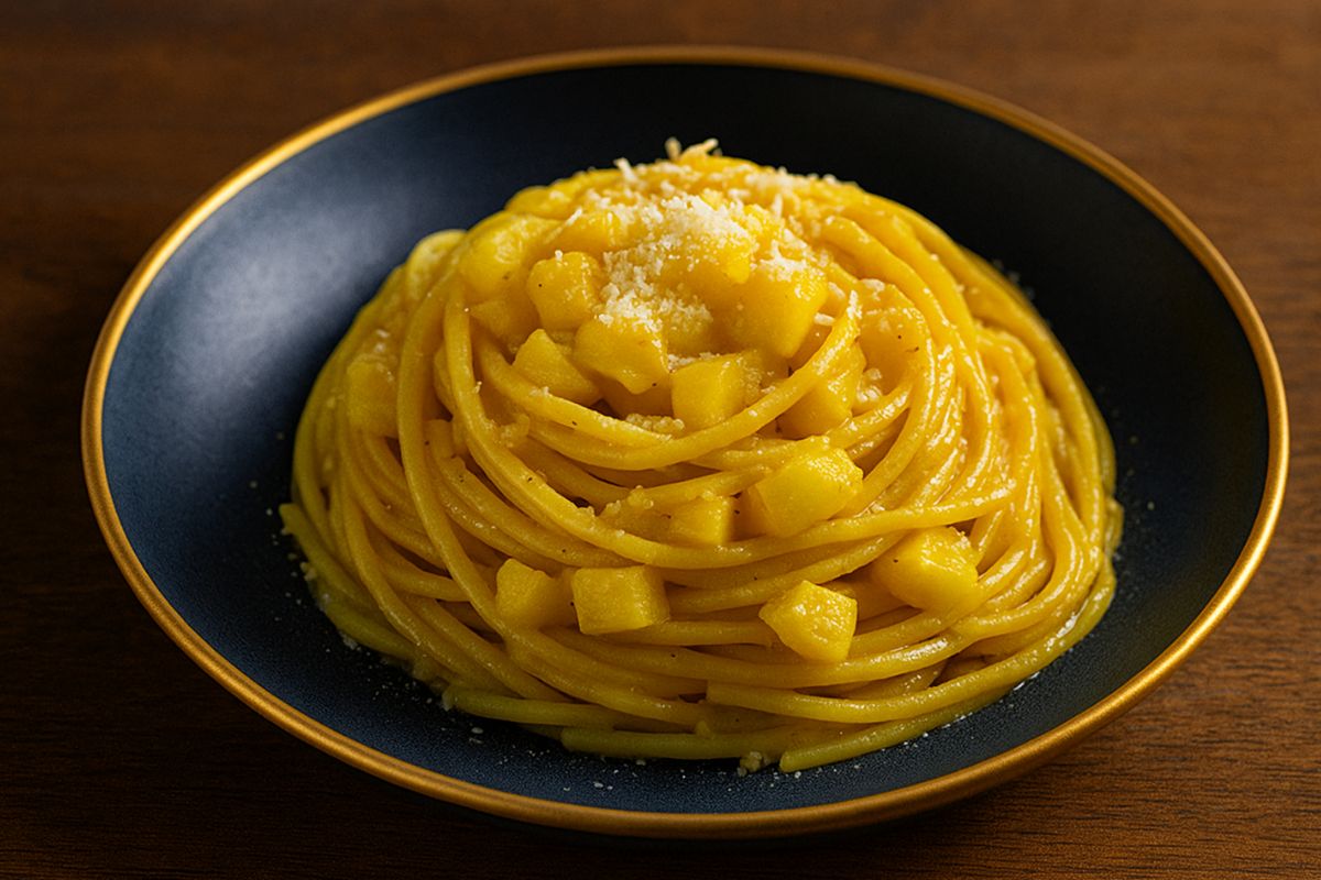 spaghetti con crema di patate e zafferano
