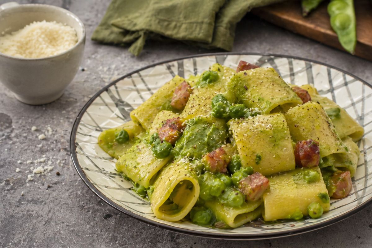 Primo con crema di piselli e guanciale con il Bimby