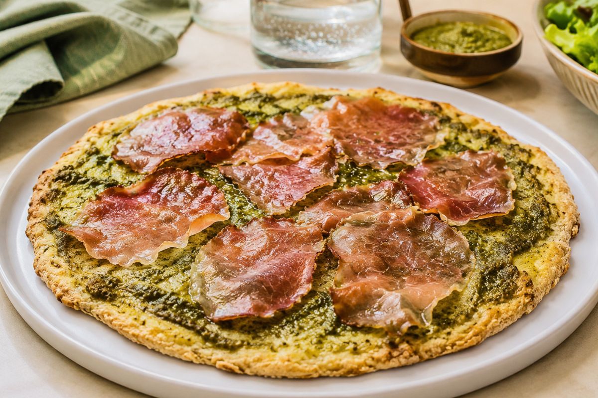 Pizza keto con speck e pesto