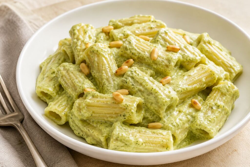 Pasta cremosa con ricotta, pesto e pinoli