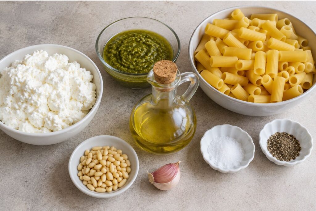 Pasta cremosa con ricotta, pesto e pinoli, ingredienti