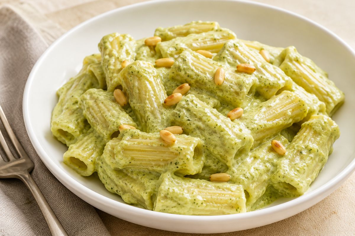Pasta cremosa con ricotta, pesto e pinoli