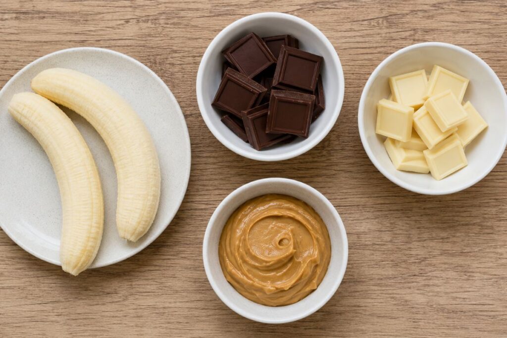 Snack con banane, cioccolato e burro di arachidi, ingredienti